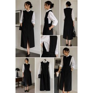 Black Minimalist Pinafore Midi Dress Architectural Layering Pocket Dress L
